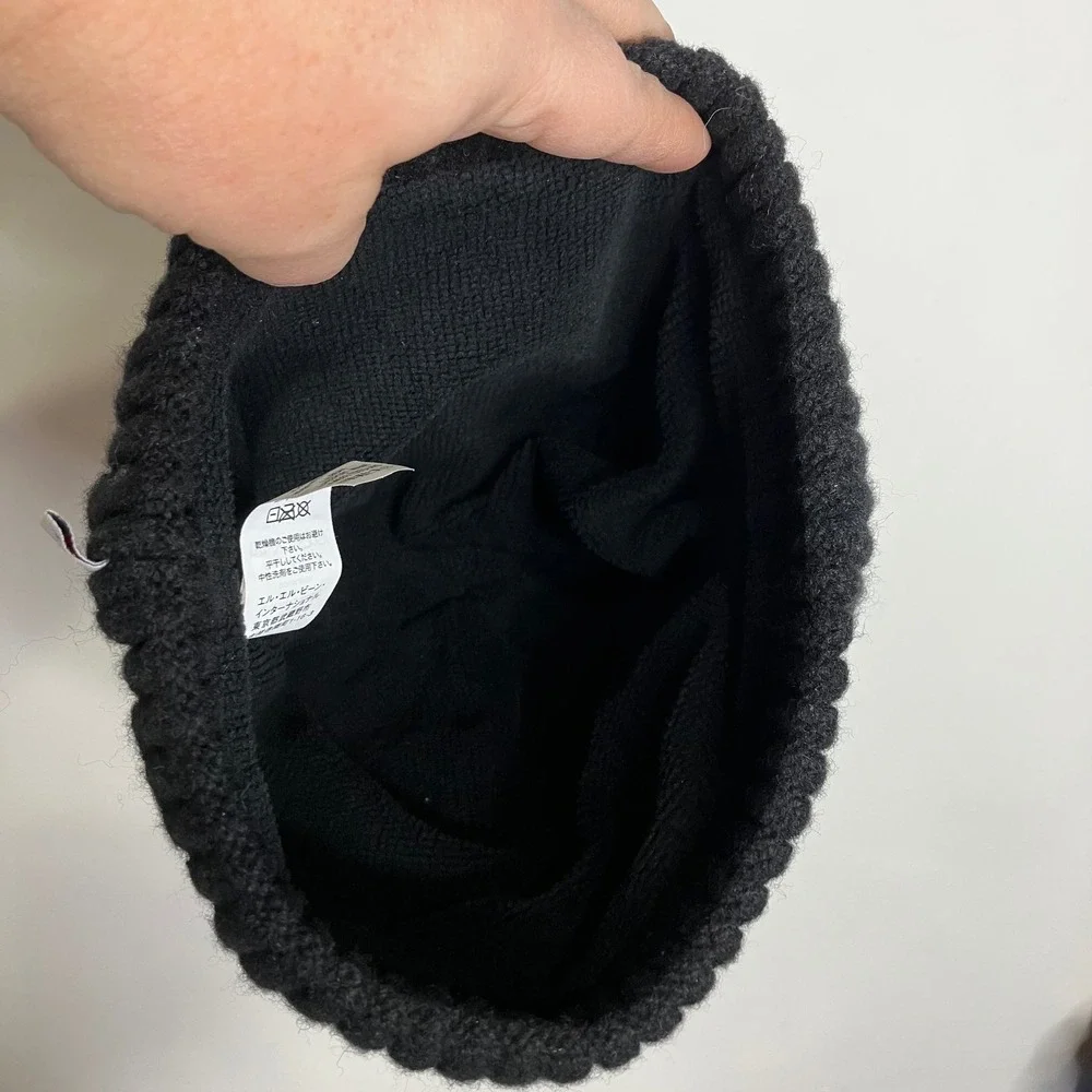 L.L. Bean black cable knit beanie fleece lined wool blend‎ one size fits all
